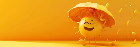 A happy 3D sun emoji with a large smile holds an umbrella, standing on a yellow background with copy space.の素材