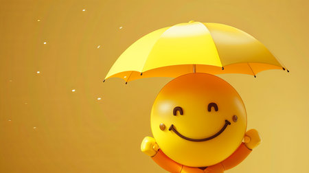 A cheerful yellow smiley face holds a bright yellow umbrella in a 3D banner. The background is a pale yellow with small white dots, creating a light and airy atmosphere.の素材