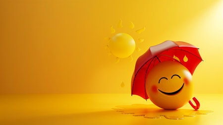 A cheerful yellow emoji with a wide smile holds a red umbrella, standing on a yellow background with a sun shining overhead.の素材