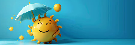 3D render of a smiling yellow sun emoji holding a light blue umbrella, with yellow spheres falling around it against a blue background. Copy space is available to the right.の素材