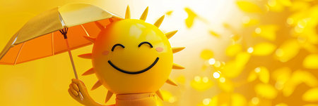 3D sun emoji holding umbrella on yellow background. Ideal for summer, sunshine, and happiness promotions. Smiling face adds cheer.の素材