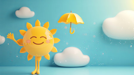 A cheerful, 3D cartoon sun emoji holding a yellow umbrella with clouds and copy space in the background.の素材