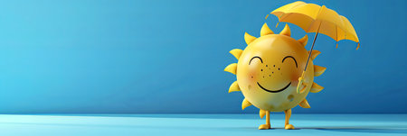 A 3D banner featuring a happy sun emoji holding a yellow umbrella with a blue background. The banner has plenty of copy space for text.の素材