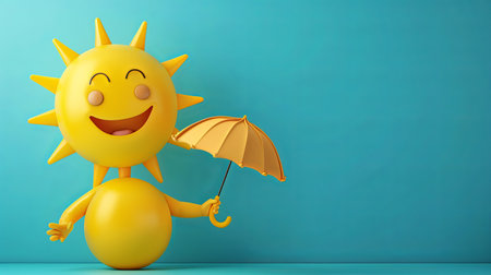 A cheerful 3D sun emoji with a smiling face holds a yellow umbrella in its hand. The sun is set against a bright blue background with copy space.の素材