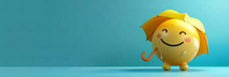 A 3D rendering of a happy sun emoji holding a yellow umbrella on a blue background.の素材
