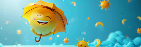 A 3D rendered image of a happy sun emoji holding an umbrella. The sun emoji is smiling with closed eyes, and the background is a bright blue sky with clouds.の素材
