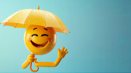 A 3D rendered yellow emoji with a big smile holds a yellow umbrella over itself, standing in front of a blue background. The banner has copy space for text.の素材