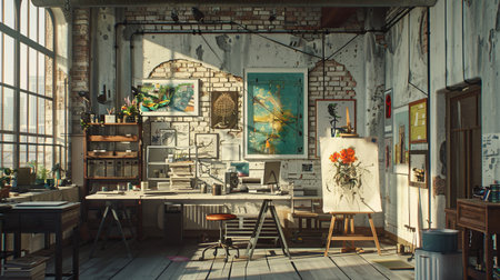A contemporary artists workspace filled with sunlight, showcasing AI-powered tools for digital art creation.の素材