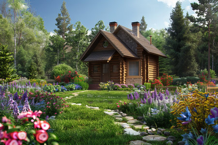 A quaint log cabin sits nestled among vibrant flowers and lush trees in a serene garden setting, radiating a sense of tranquility and charm.の素材