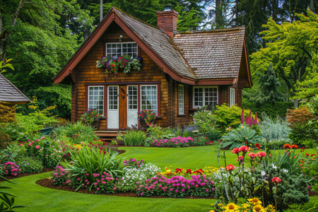 A small wooden house nestled amongst a colorful array of flowers and lush trees in a picturesque garden setting.の素材