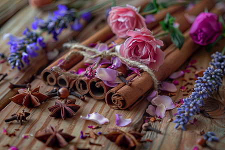 A close-up of cinnamon sticks tied together with twine, adorned with lavender sprigs, rose petals, and star anise.の素材