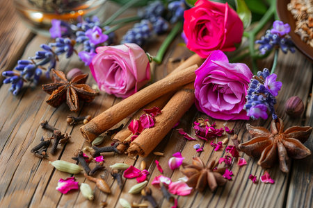 A close-up image showing a blend of fragrant spices, including cinnamon sticks, star anise, and cloves, alongside fresh lavender and rose petals, all arranged on a rustic wooden surface.の素材
