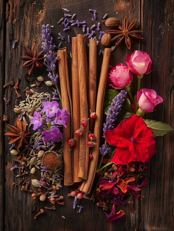 A close-up image of a wooden board displaying an assortment of aromatic spices and colorful flowers, including cinnamon sticks, star anise, cloves, lavender, and roses.の素材
