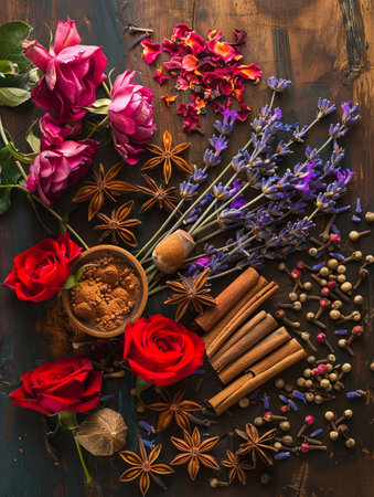 An assortment of fragrant spices and fresh flowers, including cinnamon, star anise, cloves, lavender, and rose petals, arranged on a rustic wooden surface.の素材