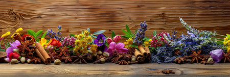 An arrangement of cinnamon sticks, star anise, and cloves alongside lavender, roses, and other fresh flowers on a wooden surface.の素材