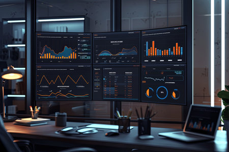 A modern, sleek dashboard displays AI-processed data insights in a professional office setting.の素材