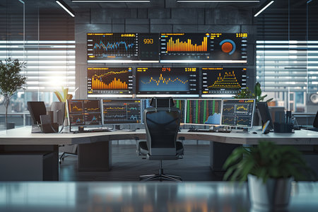 A modern financial analysts office showcasing multiple screens displaying AI-powered tools for market analysis and investment decisions.の素材
