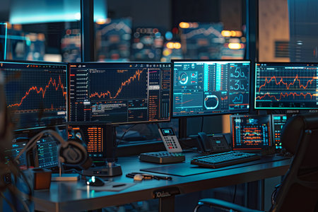 A modern, professional financial analyst office with multiple screens displaying data and AI tools for market analysis and investment decisions.の素材
