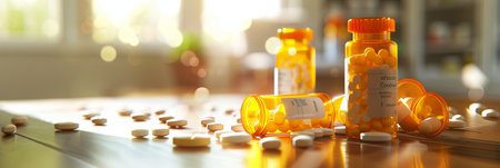 A close-up shot of prescription pill bottles with their caps open, revealing various pills scattered on a tablettop. The background suggests a home or pharmacy setting.の素材