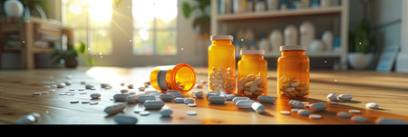 An image of multiple prescription pill bottles with their caps open, and various pills scattered around on a wooden table, with a blurred background hinting at a home setting.の素材