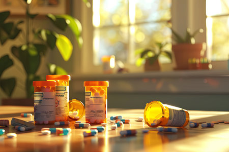A close-up view of a table with multiple prescription pill bottles, some with their lids open, and various pills scattered around.の素材