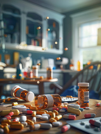 A scene depicting the interior of a home with multiple prescription pill bottles lying open on a wooden table, pills scattered around.の素材