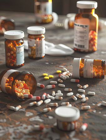 An image of open prescription pill bottles and scattered pills on a table.の素材