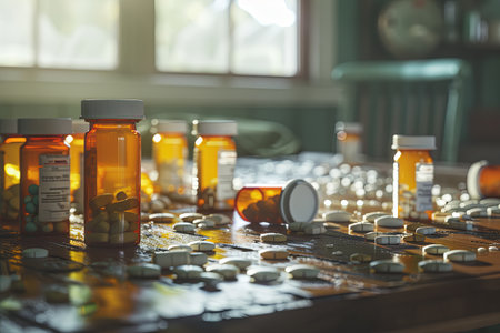 Prescription pill bottles with open caps and scattered pills on a wooden table.の素材