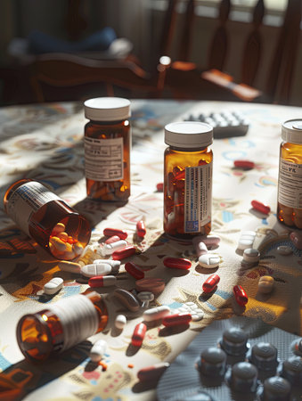 An image of a table with multiple prescription pill bottles, some with their caps open. Various pills are scattered around, creating a scene of disarray.の素材