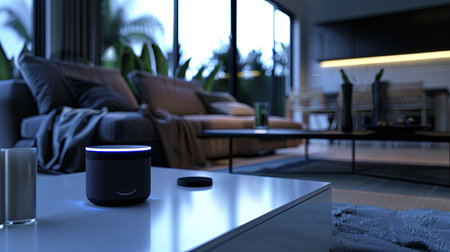 A sleek voice assistant device sits on a coffee table in a stylish living room, ready to respond to user commands.の素材