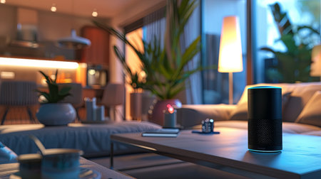 A sleek voice assistant device sits on a modern coffee table in a living room, illuminating the space with its soft glow.の素材