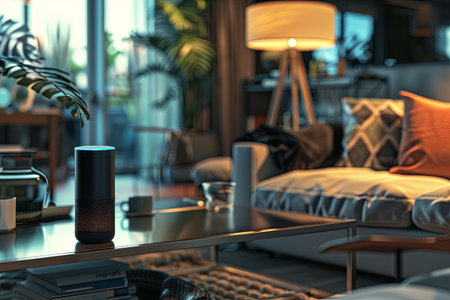 A sleek voice assistant device sits on a glass coffee table in a stylish, modern living room.の素材