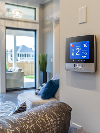 A sleek, modern smart thermostat is mounted on a living room wall. The screen displays the current temperature, weather conditions, and various control options.の素材