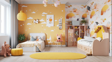 A fun kids bedroom with yellow walls, a yellow rug, two beds, stuffed animals, and a bee-shaped lamp for a playful atmosphere.の素材