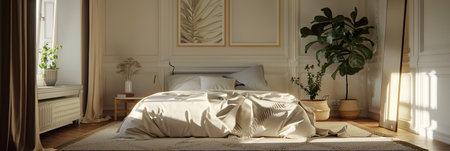 A beautifully renovated bedroom with fresh paint, new furniture, and stylish decor. The room features natural light, a comfortable bed, and a stylish plant.の素材