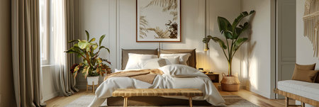 A beautifully renovated bedroom with new furniture and stylish decor.の素材