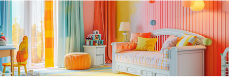 A cheerful and vibrant childrens room features colorful walls, playful furniture, and bright decorations, creating a joyful and inspiring space for young minds.の素材