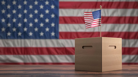 An American flag stands atop a cardboard box, symbolizing the importance of voting in US elections.の素材