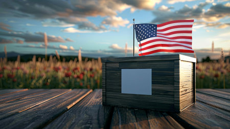 An American flag on a ballot box on a wooden table in a field. The flag waves gently with a blurred sunset sky in the background.の素材