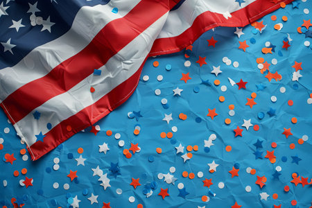 A close-up photo of an American flag with red, white, and blue confetti on a blue background.の素材