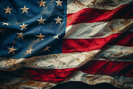 A close-up shot of a weathered American flag with faded colors and worn fabric, symbolizing the concept of US elections.の素材