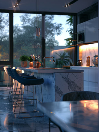 A sleek and modern smart home kitchen with a marble island and contemporary furnishings. The space features large windows, automated lighting, and a minimalist design.の素材