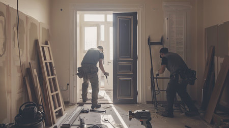 Two workers carefully install a new door in a residential home, showing their expertise and attention to detail.の素材