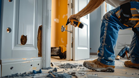 A construction worker installs a new door, utilizing a drill and screws. Tools and debris are scattered around the work area.の素材