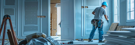 Skilled worker carefully installs new door in modern home interior, showcasing professional approach with organized tools and materials.の素材