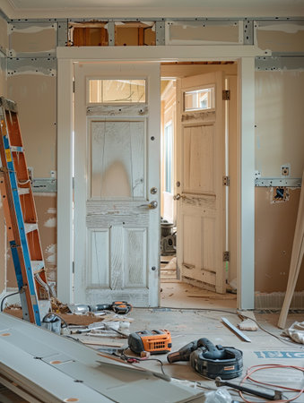 A new interior door is being installed in a home under renovation, with tools scattered around and the old door still visible in the background.の素材