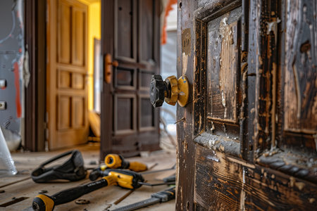 Professional door installation in progress, with a new door being added next to an existing one. Tools like a drill and screws are scattered around, showing attention to detail.の素材