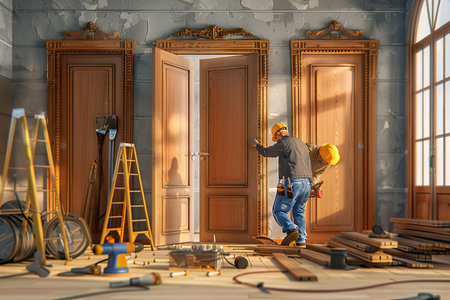 Two workers install a new door in a modern home. The image captures the professionalism and care taken during the installation process.の素材