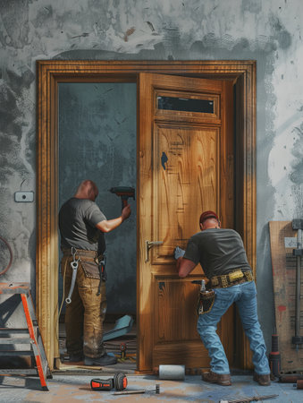 Two skilled workers carefully install a new wooden door during an interior renovation project.の素材