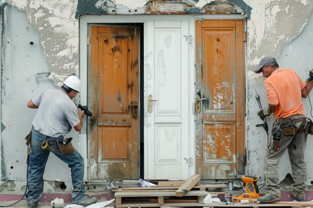 Two construction workers carefully install a new door, showcasing the professionalism and care in the process. The old and new doors are visible, highlighting the transformation.の素材